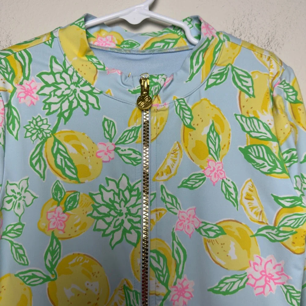 Lilly Pulitzer Girls Denning Rashguard Swimsuit 12 Blue Make Lemonade UPF 50+